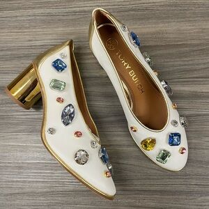 RARE!!! NIB Tory Burch White and Gold Heels with Crystal Jewel Embellishment